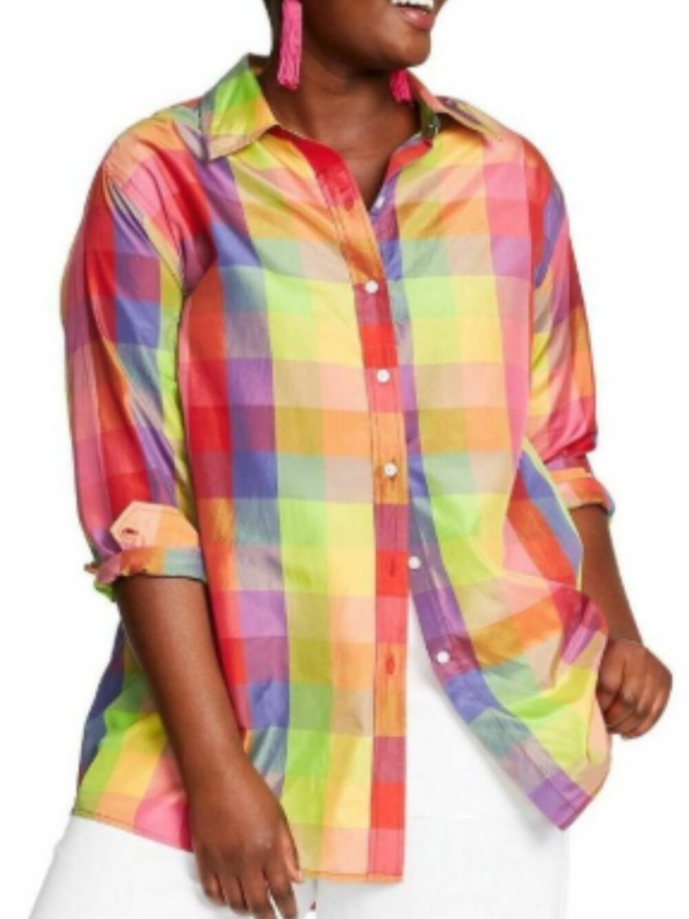 ISAAC MIZRAHI for Target 100% Silk Rainbow Plaid Check Blouse - Size L